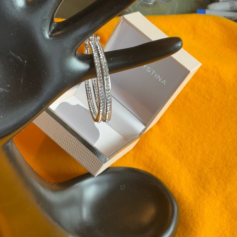 CHRISTINA Crystal White Brass Hoop Earrings, NIB